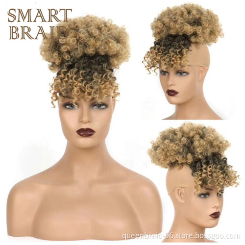 Afro Puff Drawstring Ponytail Bun with Bangs Short Afro Kinky Curly Hairpieces Clips in Pineapple Updo Hair Extensions for Women
